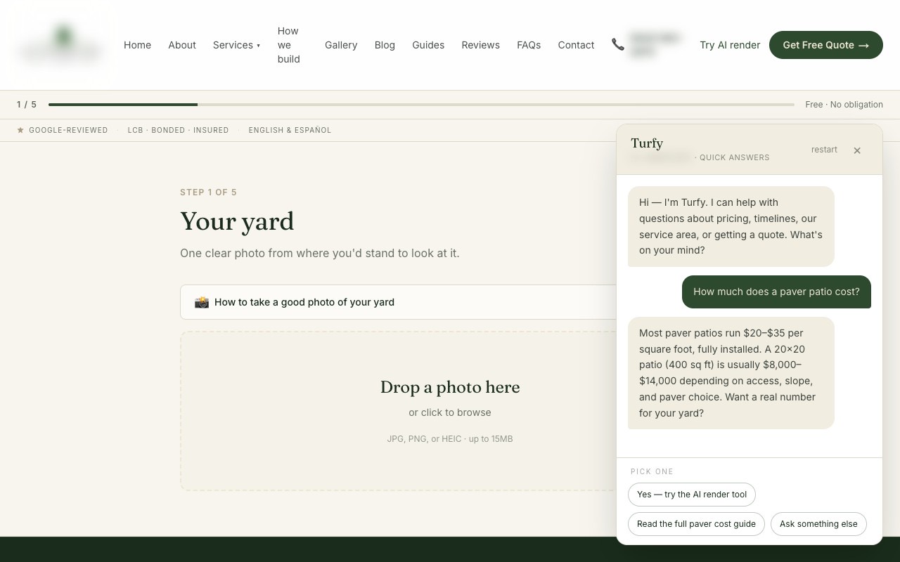 The website chat assistant answering how much a paver patio costs