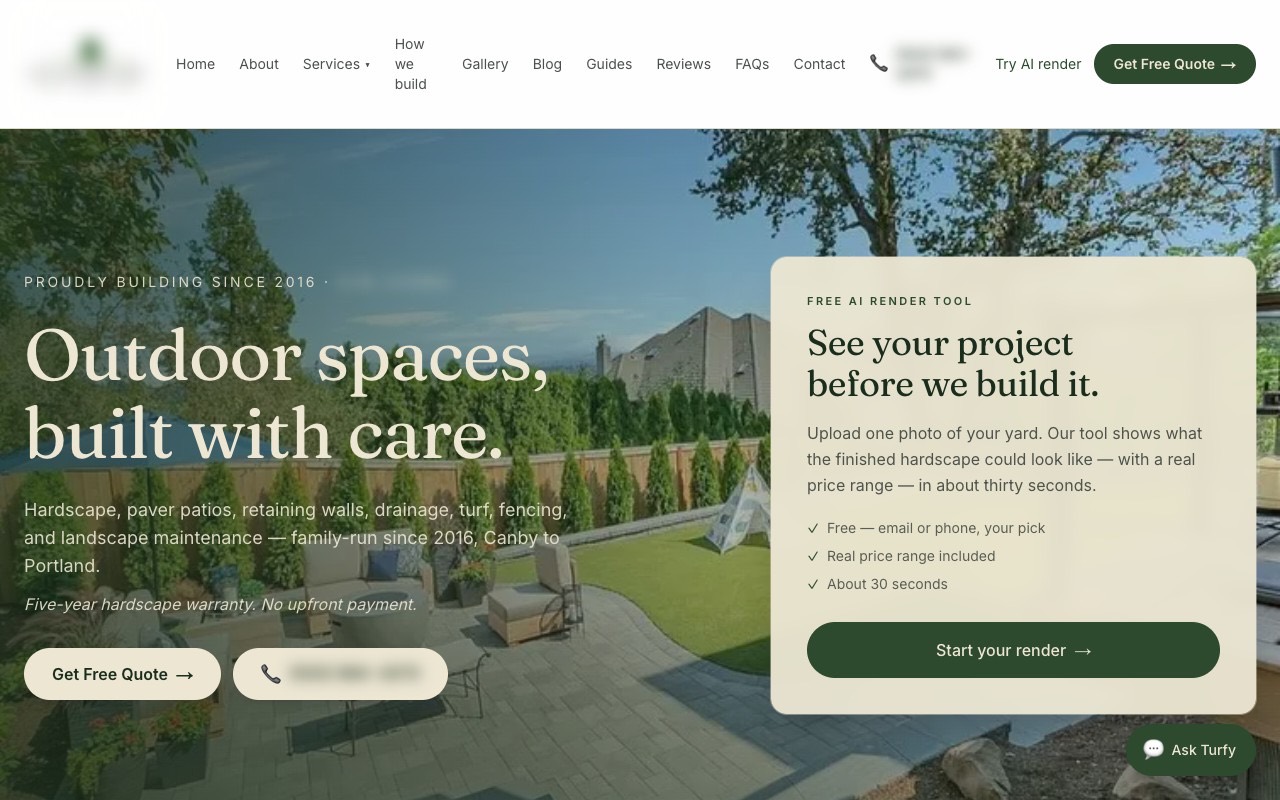 The landscaping company's homepage, with the free AI render tool offered next to the headline