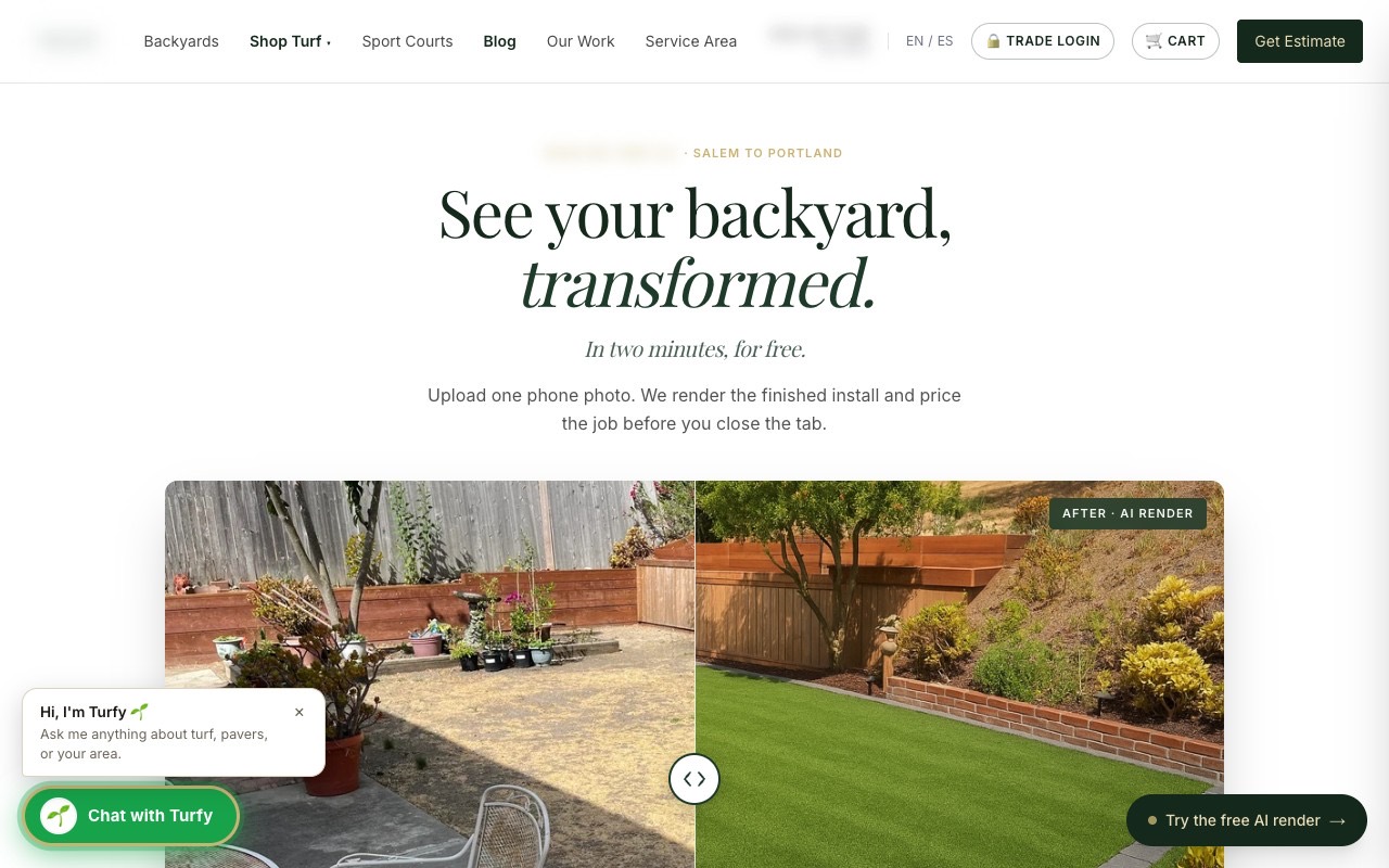 The turf company's homepage showing a backyard before and after an AI render